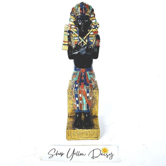Other - Vintage Egyptian King Tut Pharaoh Seated Statue Hieroglyphics Mosaic Decor 11.5"